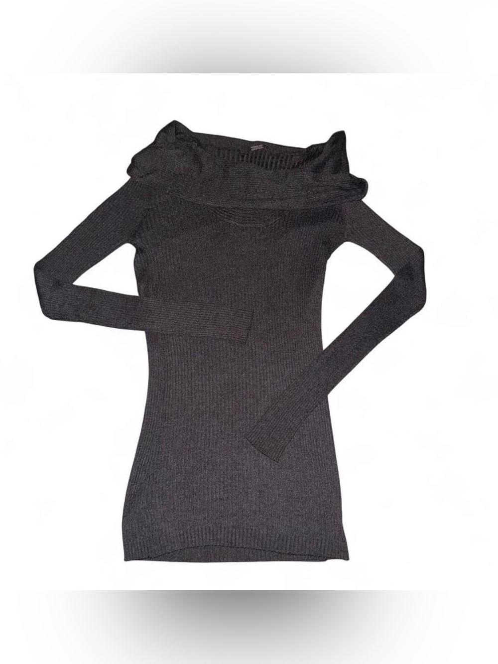 Off-the-Shoulder Ribbed Sweater Dress - Charcoal Gray